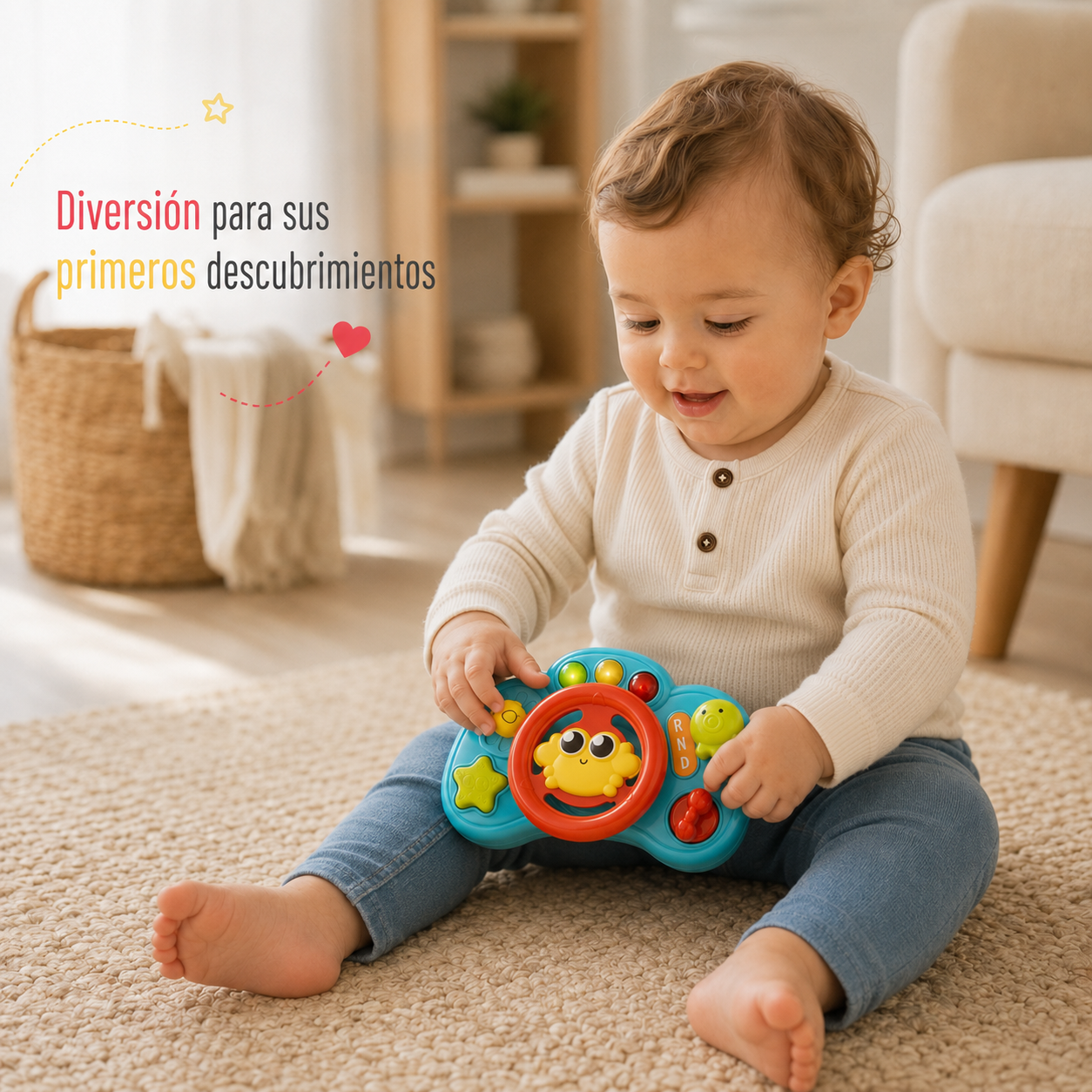 Volante Musical Interactivo para Bebé – Juguete Sensorial para Girar, Tocar y Explorar