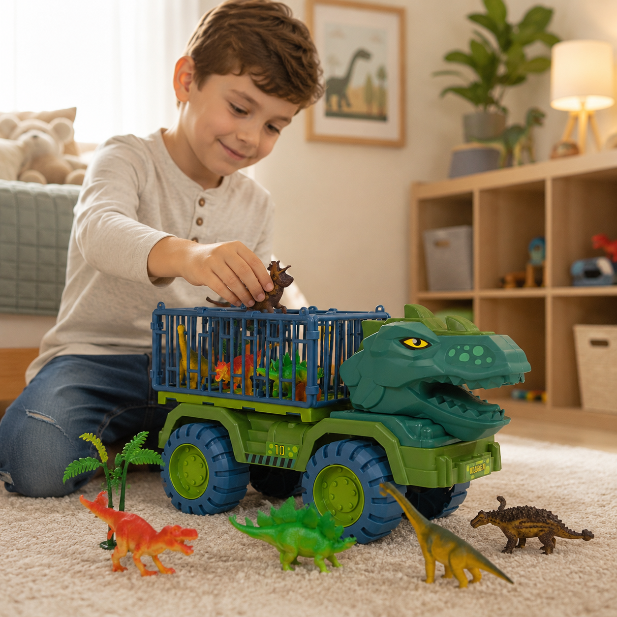 Camión Dino Monster Truck con 3 Dinosaurios y Jaulas de Transporte 🦖