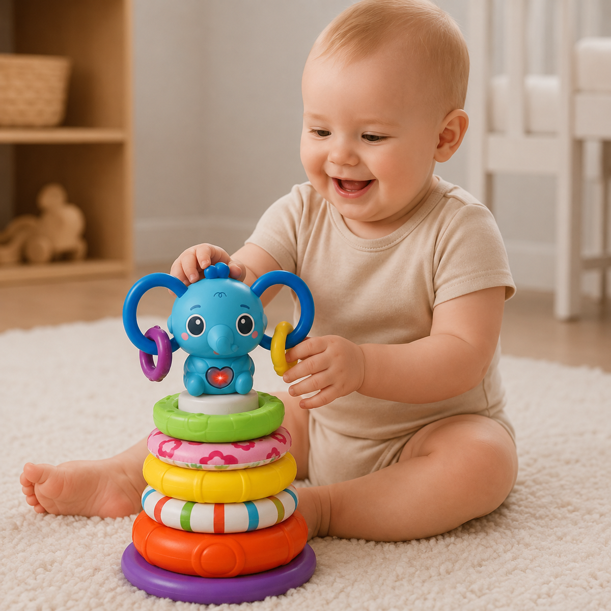 Torre Elefante Apilable Musical con Luces y Anillos Sensoriales 🧠 Ideal para bebés curiosos que no paran de explorar