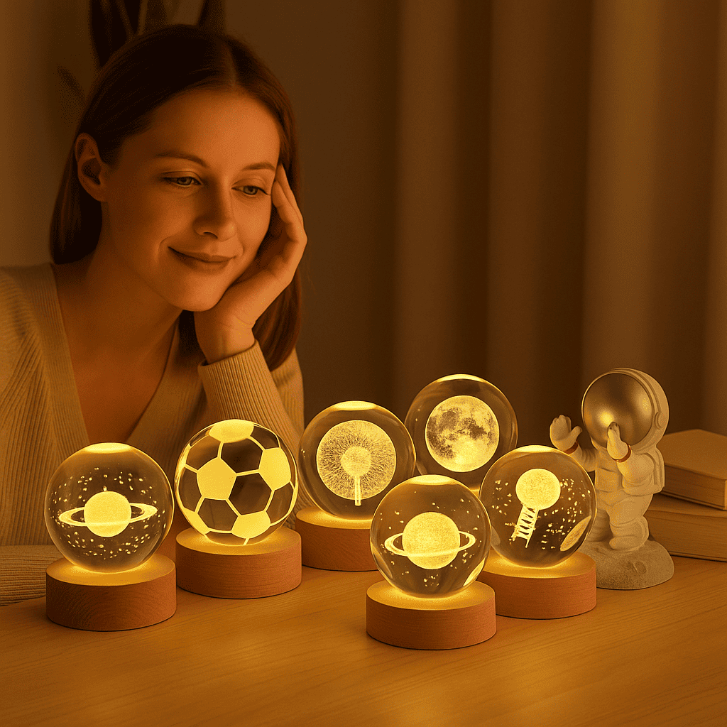 Lámpara de cristal con base de madera 💡 Diseños 3D iluminados
