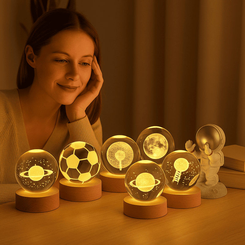 Lámpara de cristal con base de madera 💡 Diseños 3D iluminados