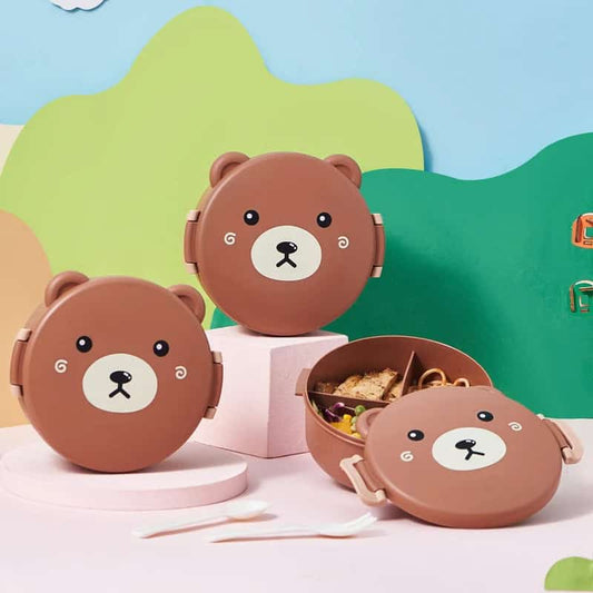 Tupper Infantil con Divisiones y Cubiertos 🐻 – Diseño de Osito, BPA Free y apto para micro
