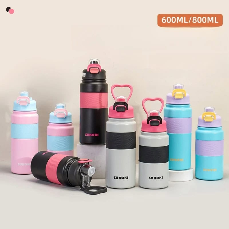 Botella térmica de acero inoxidable 800 ml SUKOKI 🌈 Diseño pastel, tapa a presión y temperatura perfecta por horas