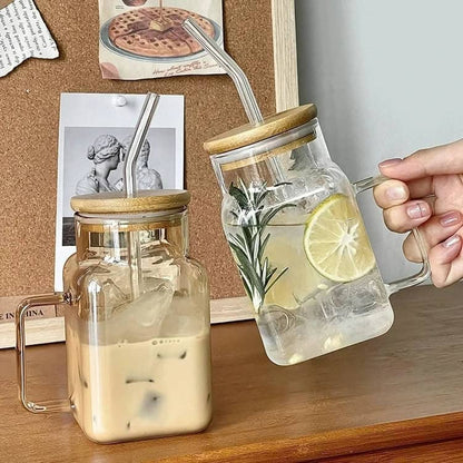 Jarra de vidrio con tapa de bamboo y sorbito 🥤 Estética minimalista, 620 ml de puro disfrute