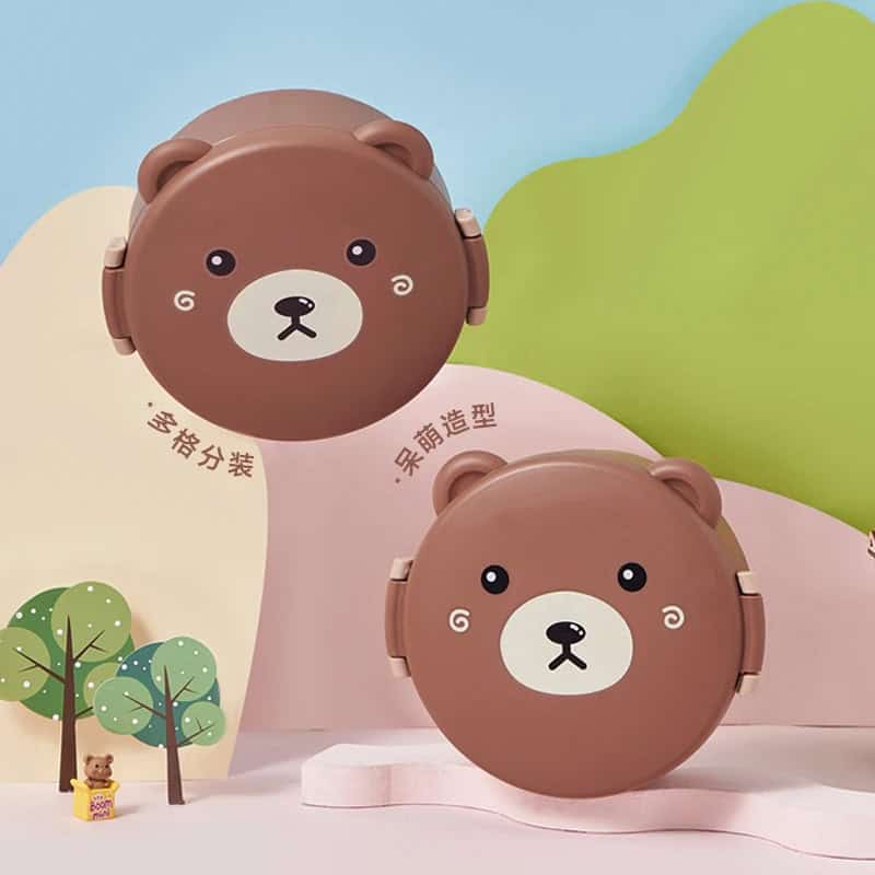 Tupper Infantil con Divisiones y Cubiertos 🐻 – Diseño de Osito, BPA Free y apto para micro
