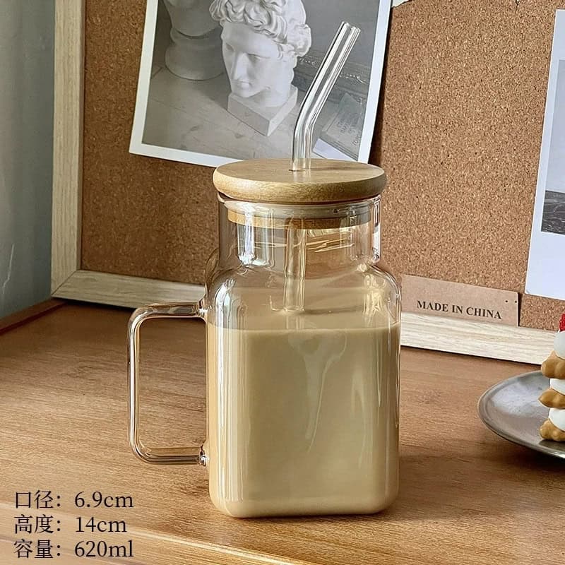 Jarra de vidrio con tapa de bamboo y sorbito 🥤 Estética minimalista, 620 ml de puro disfrute