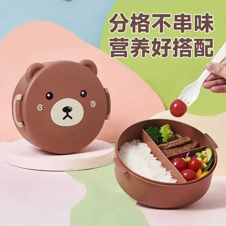 Tupper Infantil con Divisiones y Cubiertos 🐻 – Diseño de Osito, BPA Free y apto para micro
