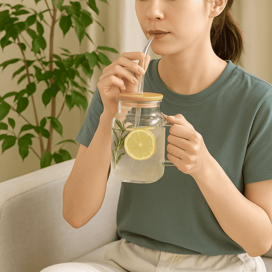 Jarra de vidrio con tapa de bamboo y sorbito 🥤 Estética minimalista, 620 ml de puro disfrute