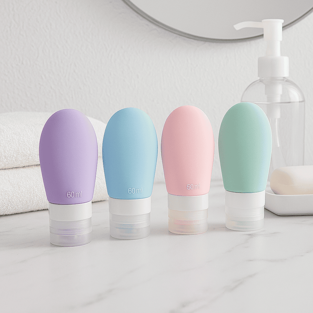 Set de Botellas de Silicona para Viaje🧴– 4 unidades de 60 ml para evitar derrames y dramas en tu valija