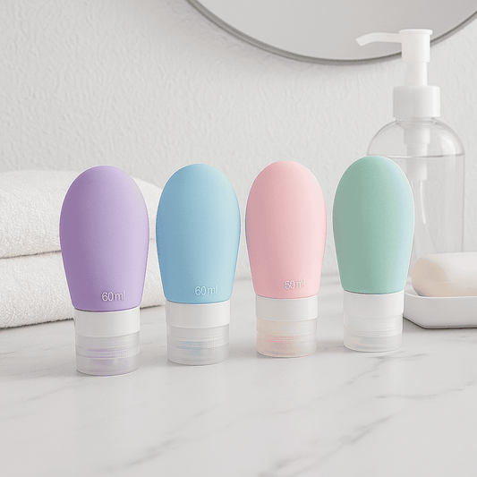 Set de Botellas de Silicona para Viaje🧴– 4 unidades de 60 ml para evitar derrames y dramas en tu valija