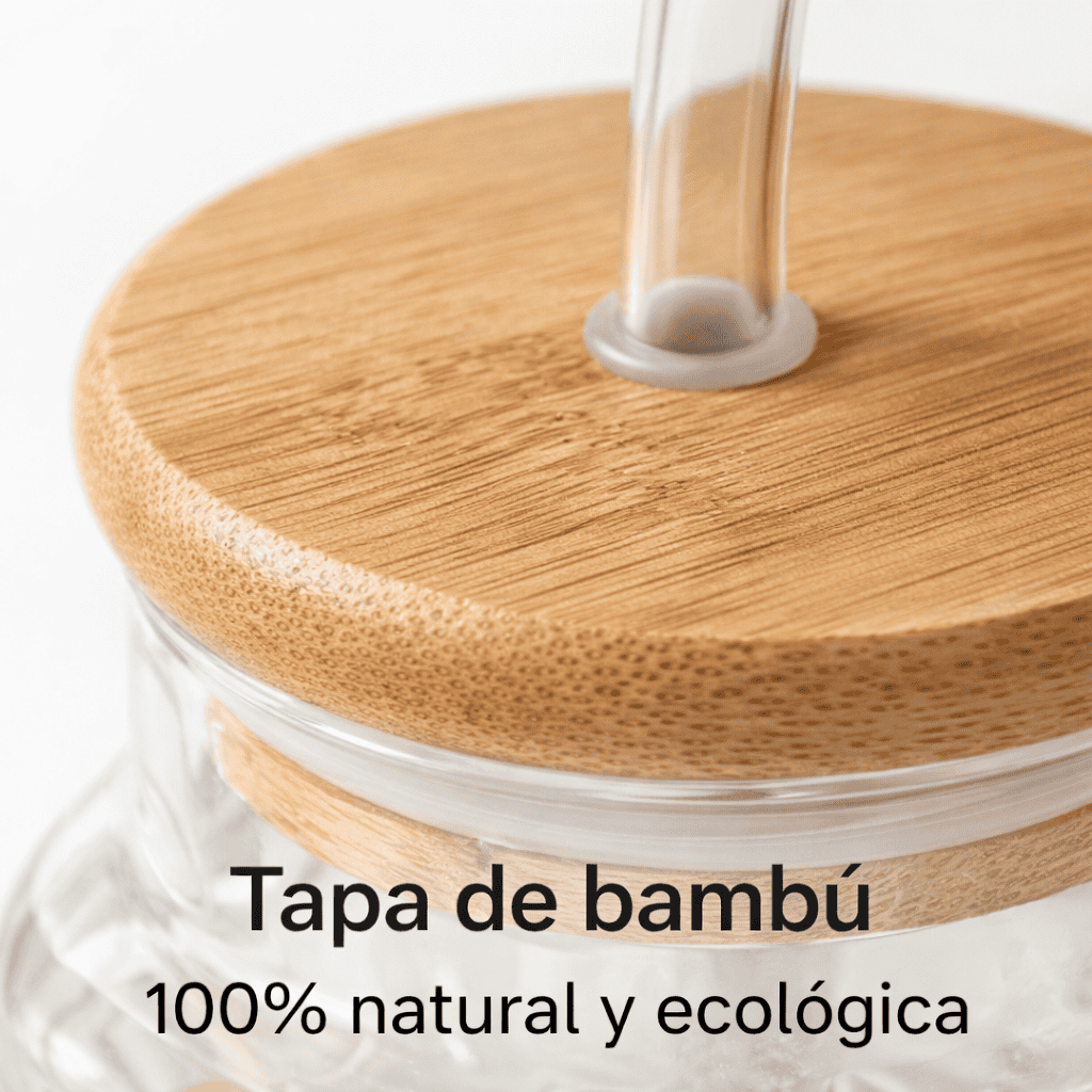 Set de jarras de vidrio con tapa de bambú y sorbito reutilizable – x4 unidades de 620 ml