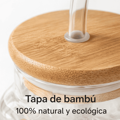 Set de jarras de vidrio con tapa de bambú y sorbito reutilizable – x4 unidades de 620 ml