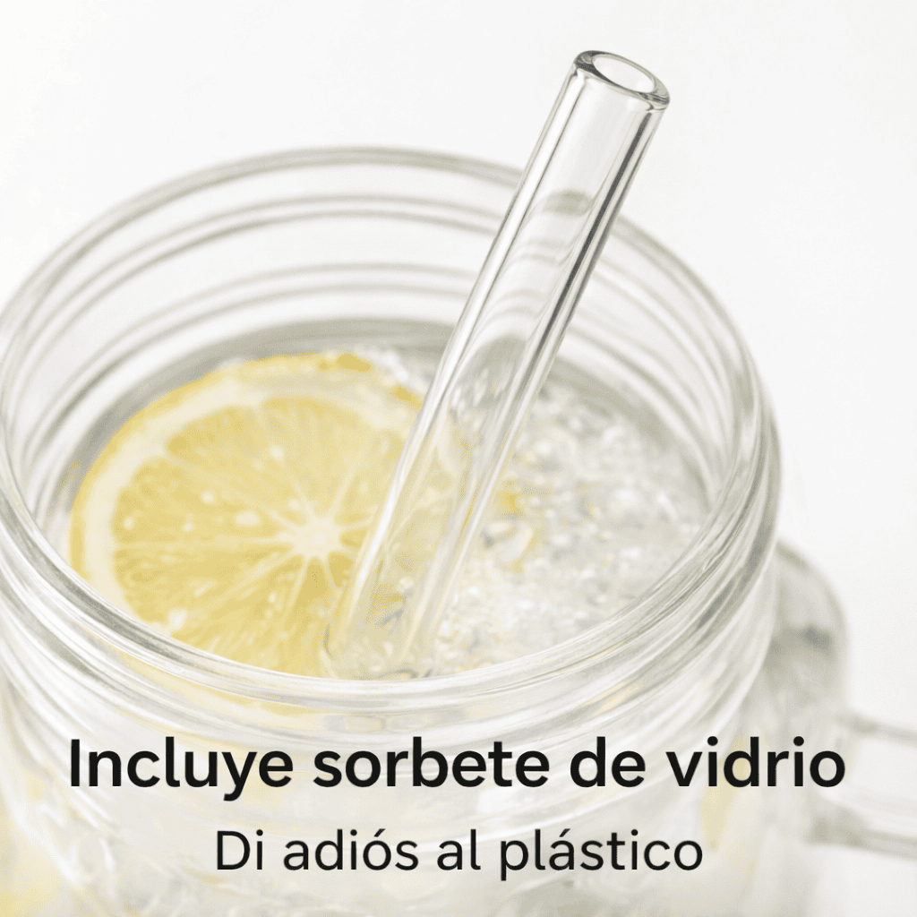 Set de jarras de vidrio con tapa de bambú y sorbito reutilizable – x4 unidades de 620 ml