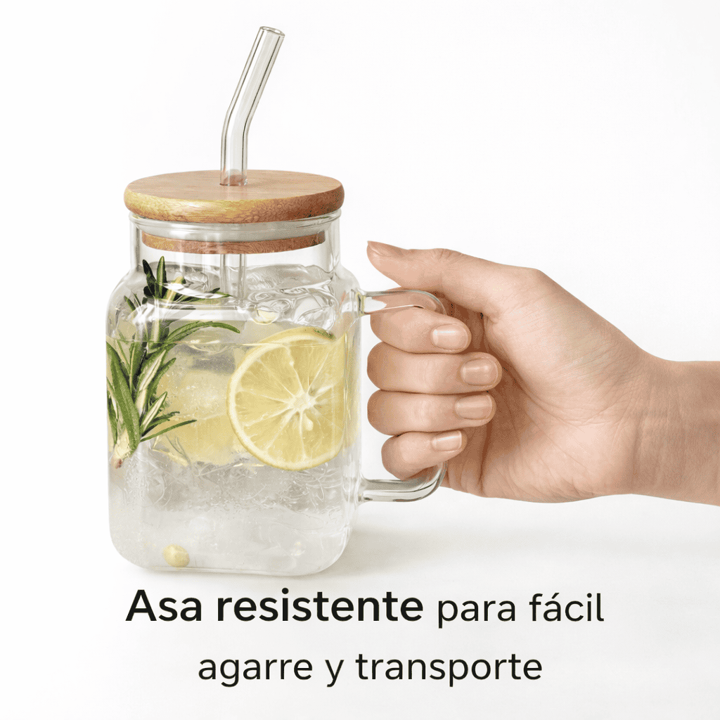 Set de jarras de vidrio con tapa de bambú y sorbito reutilizable – x4 unidades de 620 ml