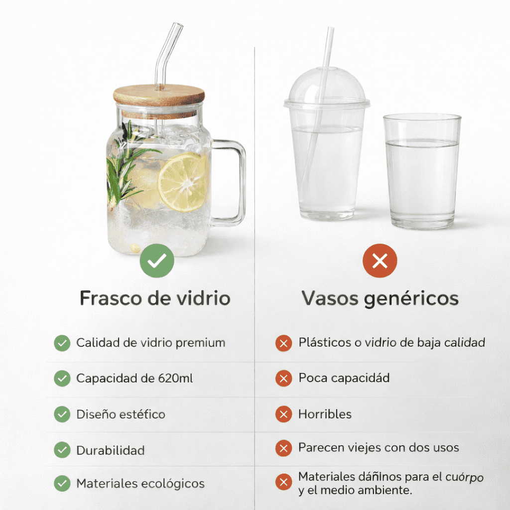 Set de jarras de vidrio con tapa de bambú y sorbito reutilizable – x4 unidades de 620 ml