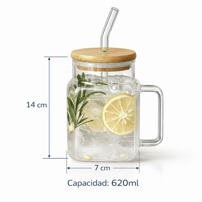 Set de jarras de vidrio con tapa de bambú y sorbito reutilizable – x4 unidades de 620 ml