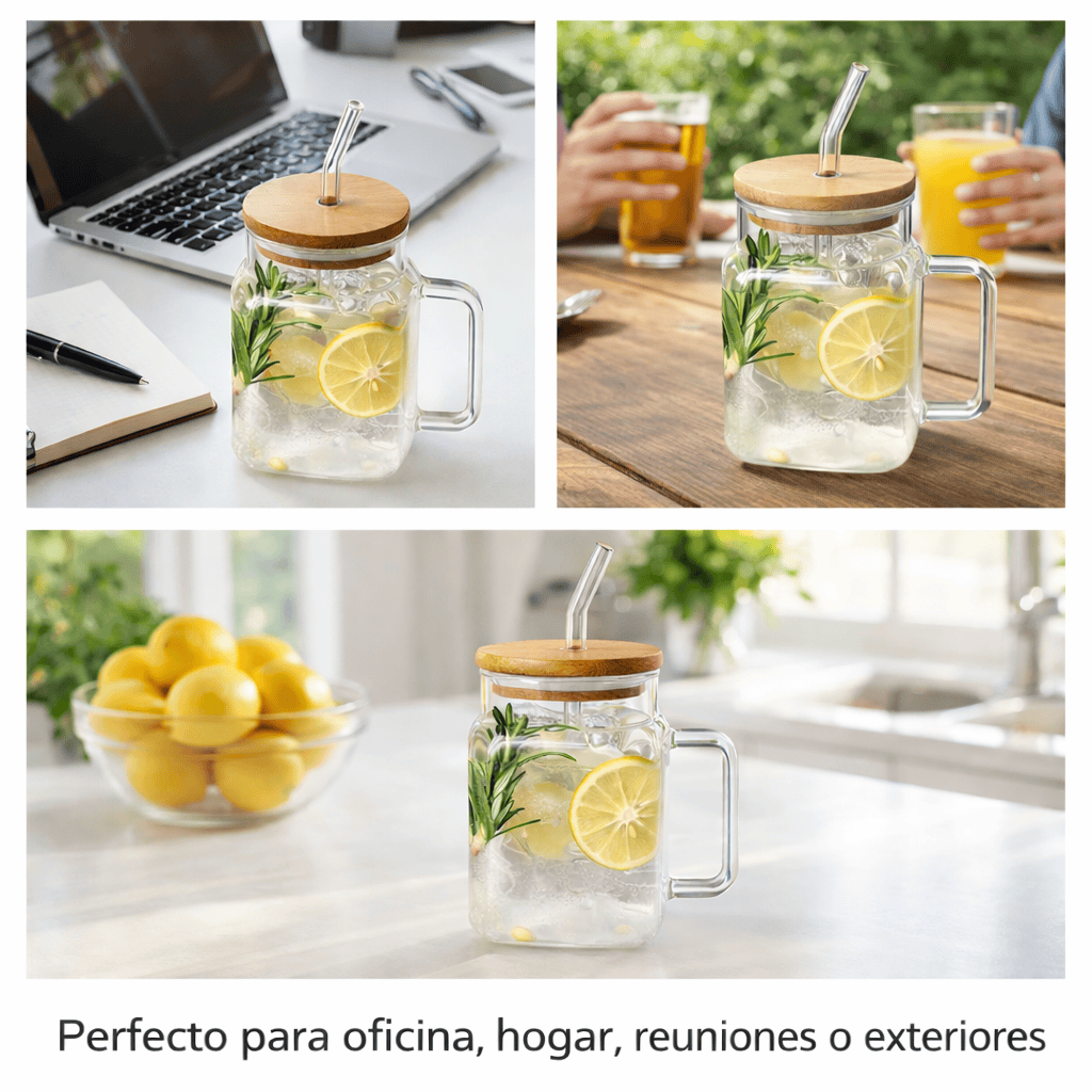 Set de jarras de vidrio con tapa de bambú y sorbito reutilizable – x4 unidades de 620 ml
