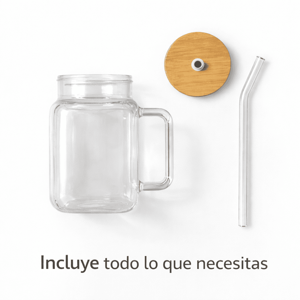 Set de jarras de vidrio con tapa de bambú y sorbito reutilizable – x4 unidades de 620 ml