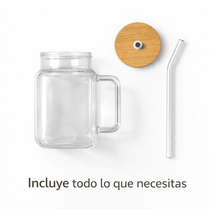 Set de jarras de vidrio con tapa de bambú y sorbito reutilizable – x4 unidades de 620 ml