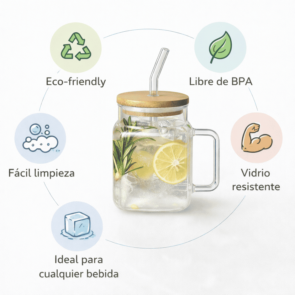 Set de jarras de vidrio con tapa de bambú y sorbito reutilizable – x4 unidades de 620 ml
