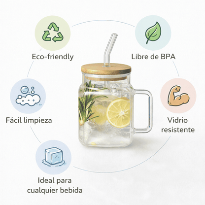 Set de jarras de vidrio con tapa de bambú y sorbito reutilizable – x4 unidades de 620 ml