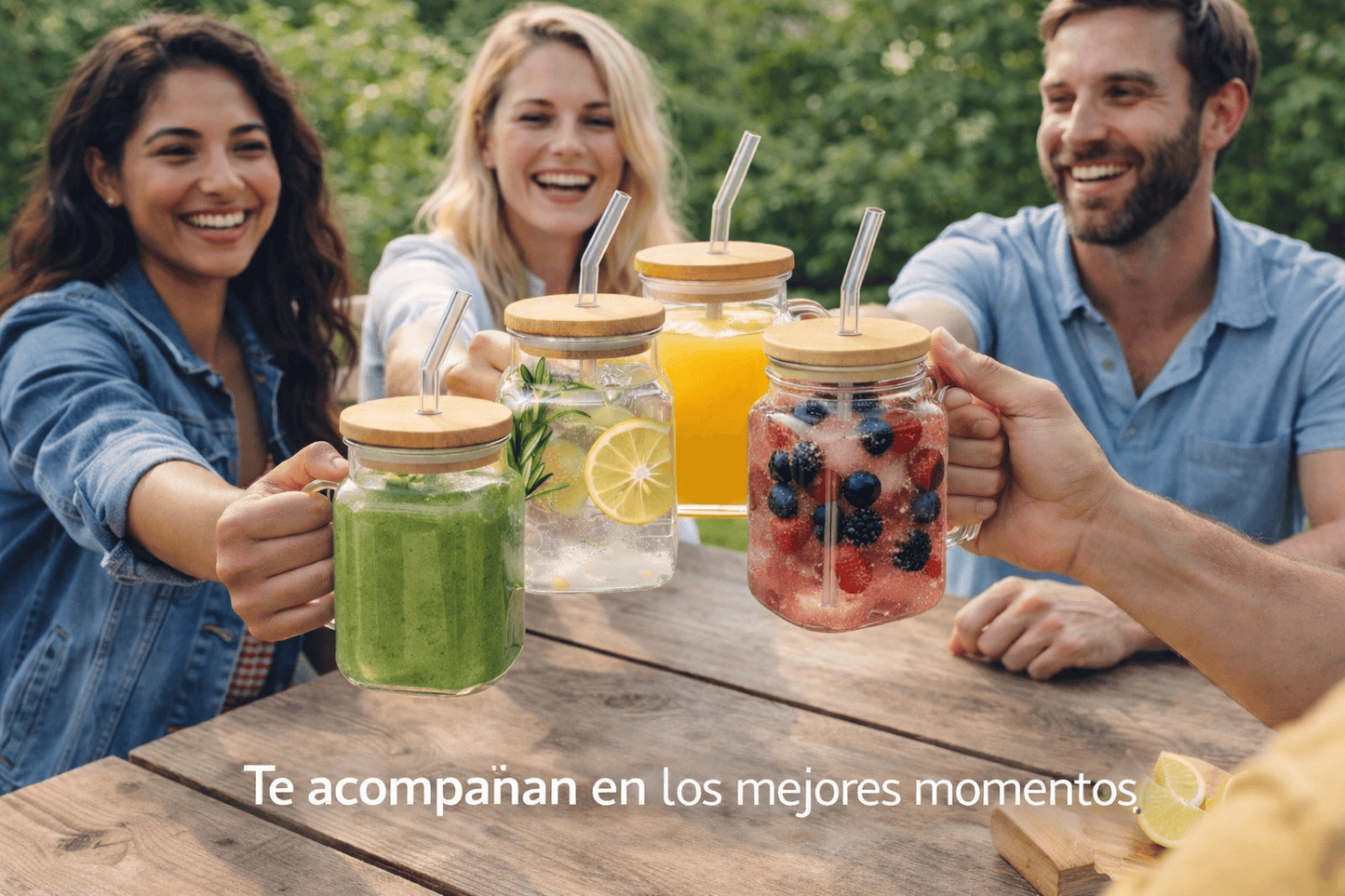 Set de jarras de vidrio con tapa de bambú y sorbito reutilizable – x4 unidades de 620 ml
