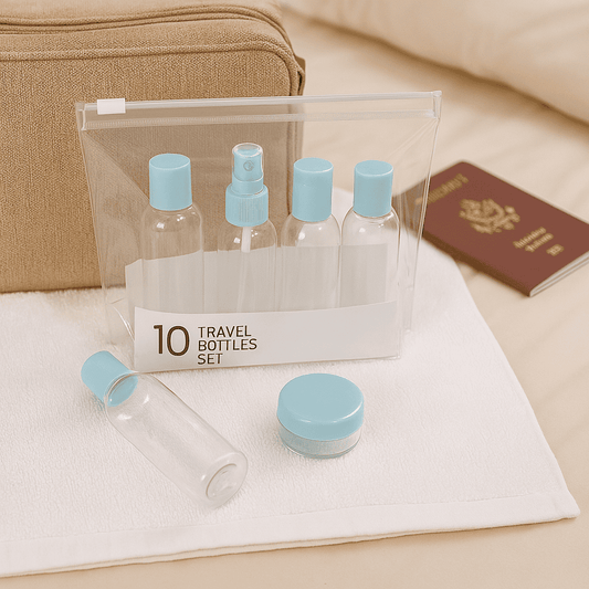 Set de botellas de viaje (10 piezas) ✈️ Ideal para cosméticos, carry on y escapadas cool