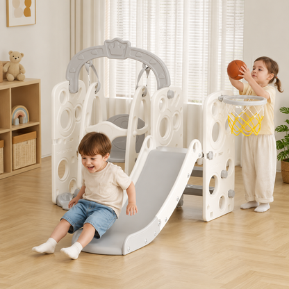 Tobogán Infantil 3 en 1 con Hamaca y Aro de Básquet – Centro de Juegos