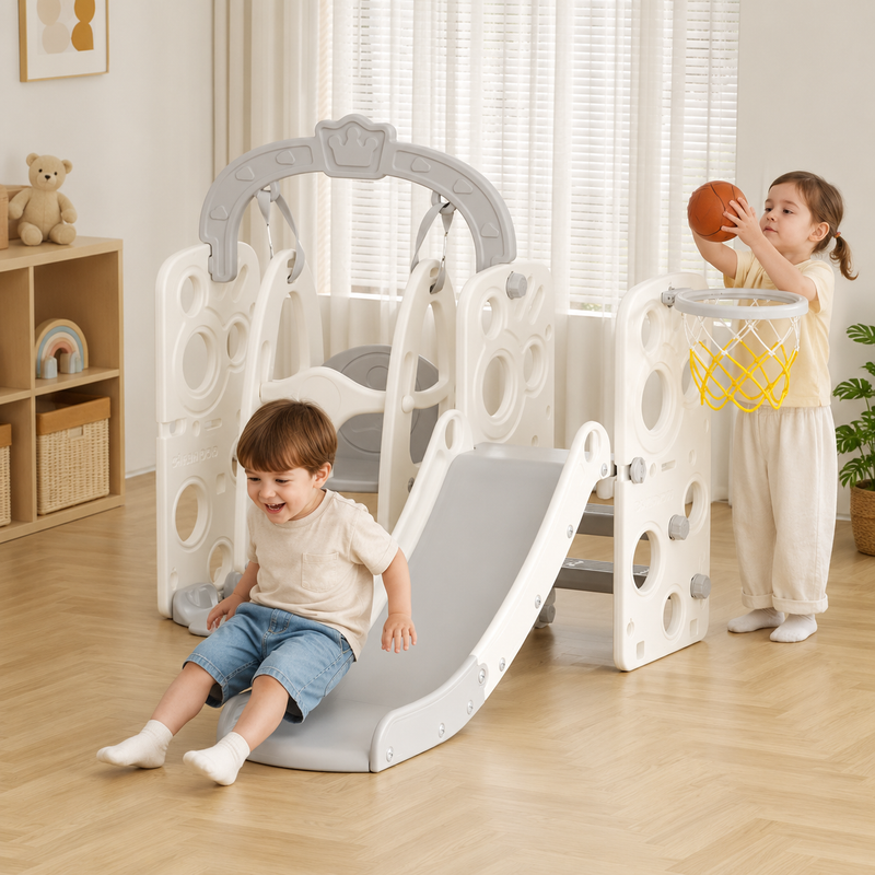 Tobogán Infantil 3 en 1 con Hamaca y Aro de Básquet – Centro de Juegos