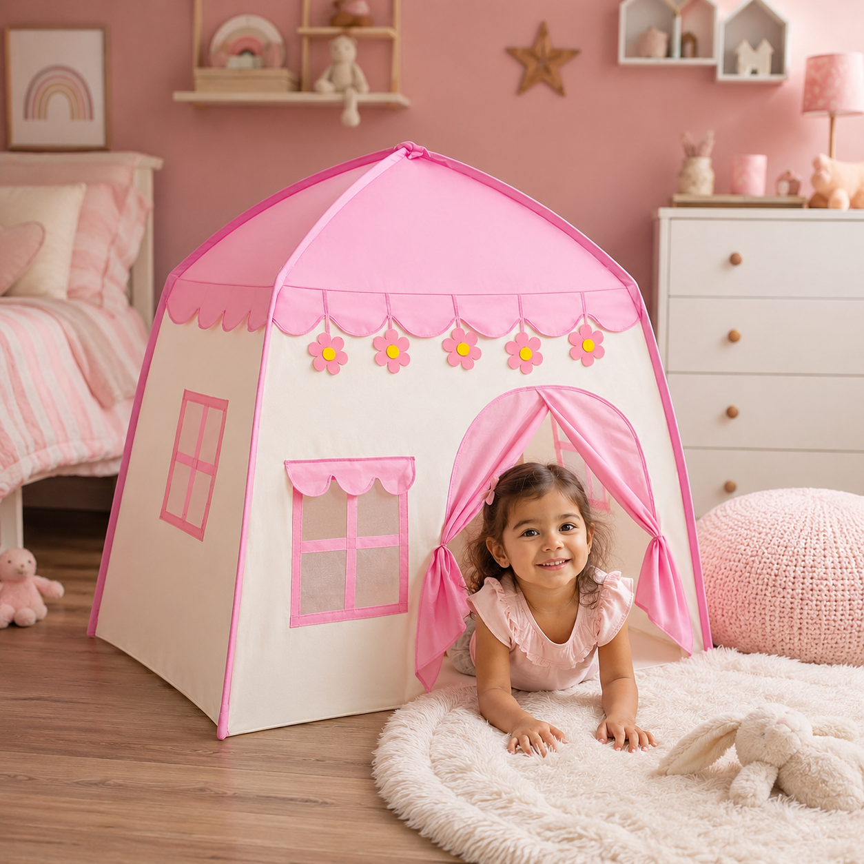 Carpa Infantil Casita Rosa con Luces de Estrellas