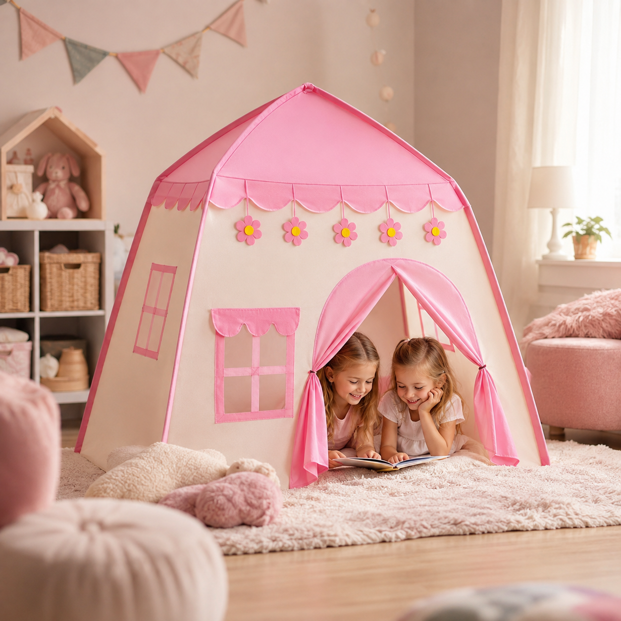 Carpa Infantil Casita Rosa con Luces de Estrellas