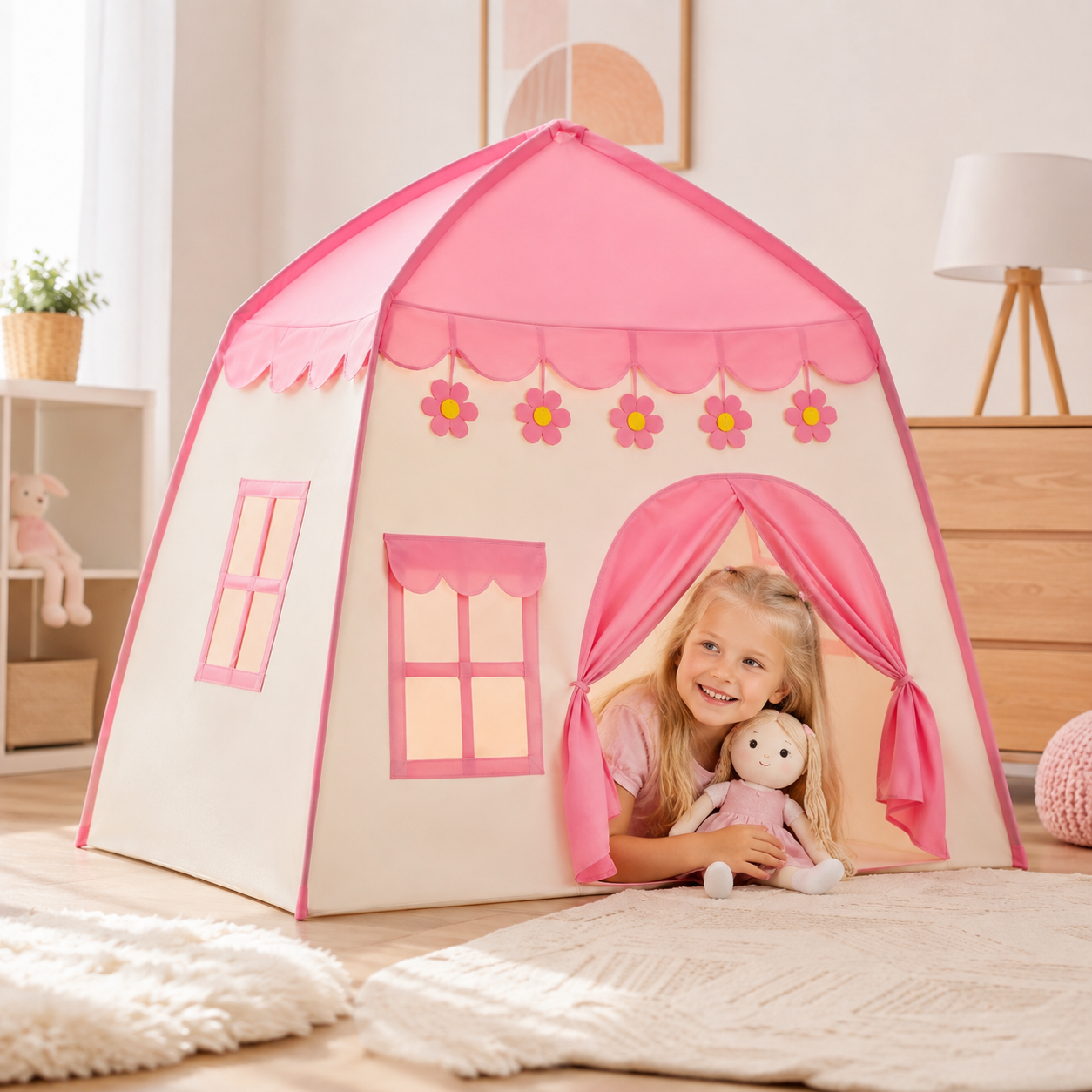 Carpa Infantil Casita Rosa con Luces de Estrellas