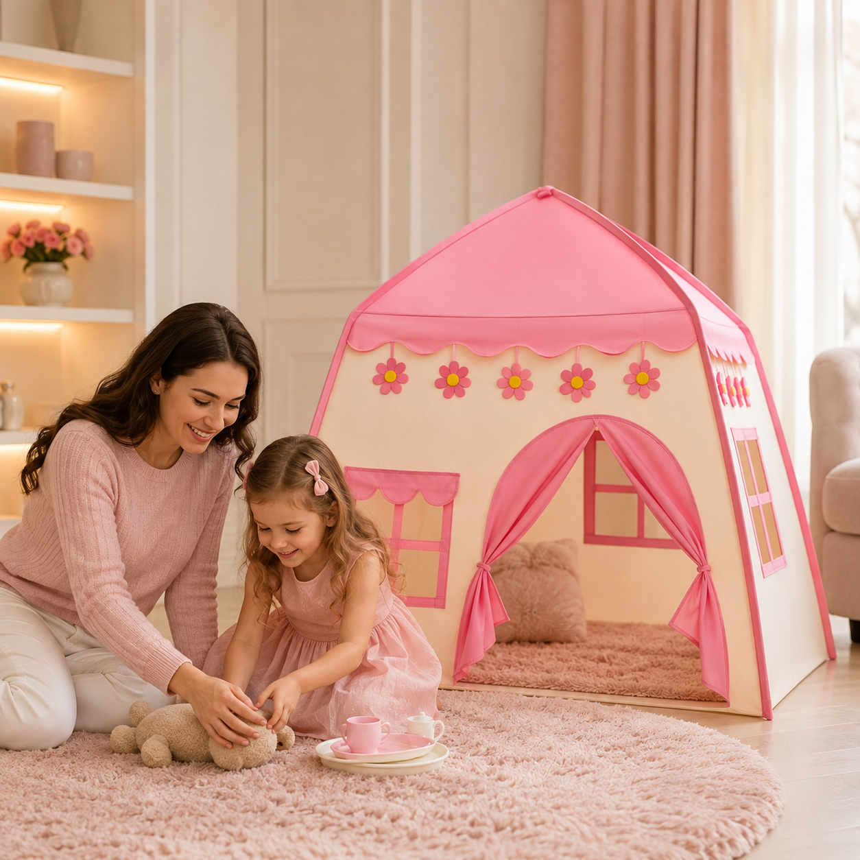 Carpa Infantil Casita Rosa con Luces de Estrellas
