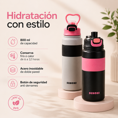 Botella térmica de acero inoxidable 800 ml SUKOKI 🌈 Diseño pastel, tapa a presión y temperatura perfecta por horas