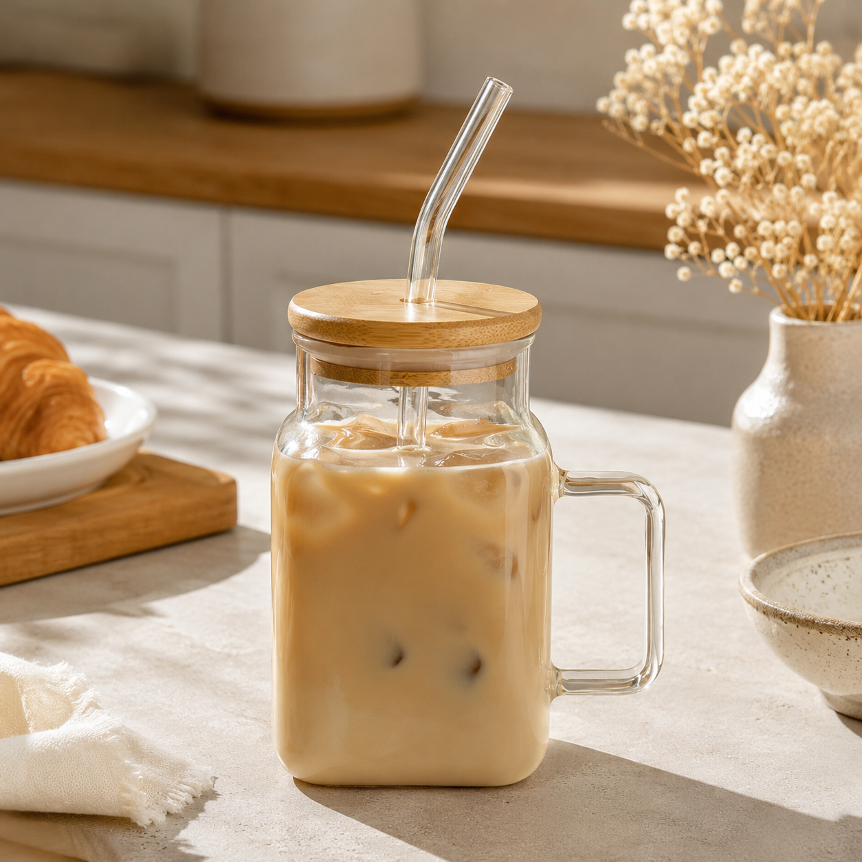 Jarra de vidrio con tapa de bamboo y sorbito 🥤 Estética minimalista, 620 ml de puro disfrute