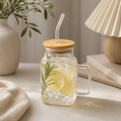 Jarra de vidrio con tapa de bamboo y sorbito 🥤 Estética minimalista, 620 ml de puro disfrute