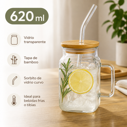 Jarra de vidrio con tapa de bamboo y sorbito 🥤 Estética minimalista, 620 ml de puro disfrute