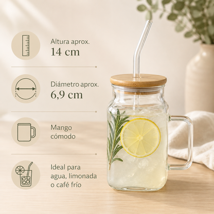 Jarra de vidrio con tapa de bamboo y sorbito 🥤 Estética minimalista, 620 ml de puro disfrute