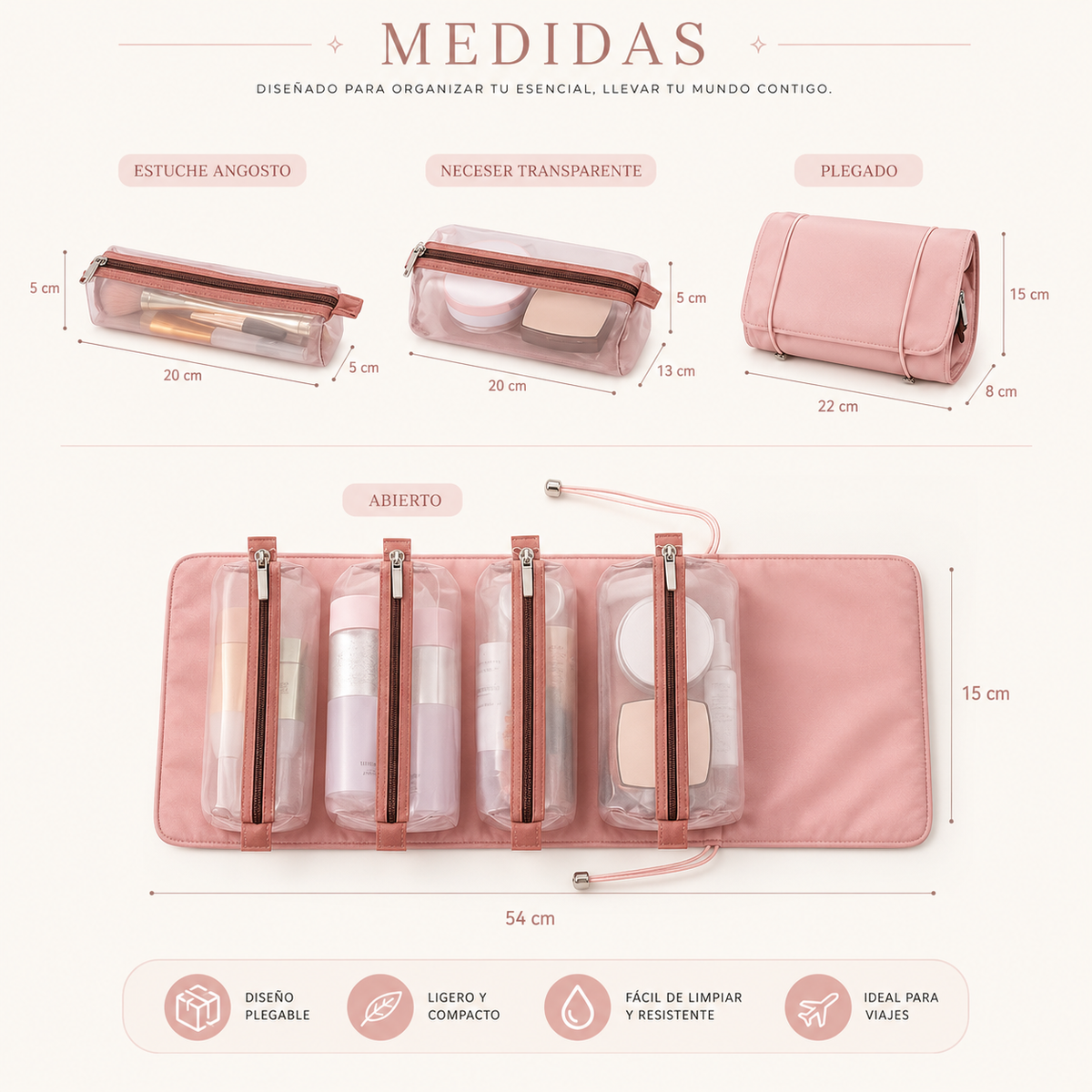 Neceser Portacosméticos Plegable con 4 Compartimientos Desmontables – Organizador de Viaje