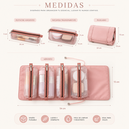 Neceser Portacosméticos Plegable con 4 Compartimientos Desmontables – Organizador de Viaje