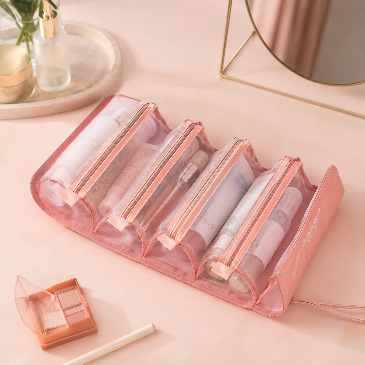 Neceser Portacosméticos Plegable con 4 Compartimientos Desmontables – Organizador de Viaje