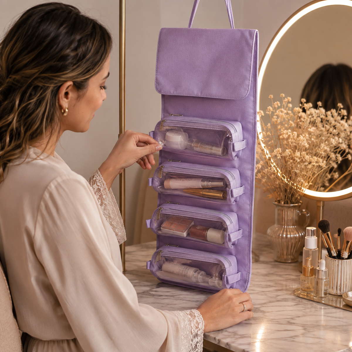 Neceser Portacosméticos Plegable con 4 Compartimientos Desmontables – Organizador de Viaje