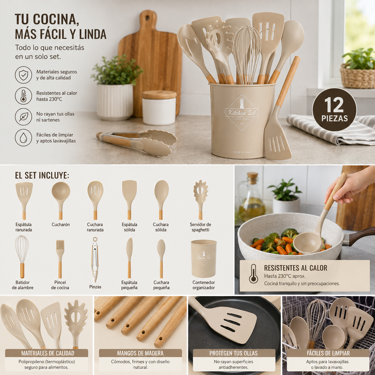 Set de Utensilios de Cocina 12 Piezas de Polipropileno con Mango de Madera