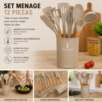 Set de Utensilios de Cocina 12 Piezas de Polipropileno con Mango de Madera