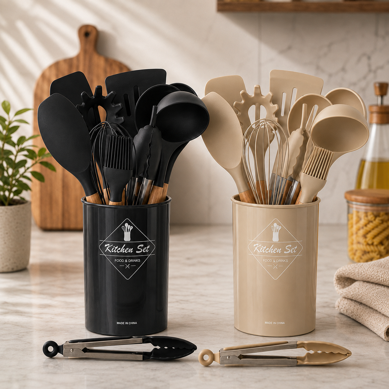 Set de Utensilios de Cocina 12 Piezas de Polipropileno con Mango de Madera