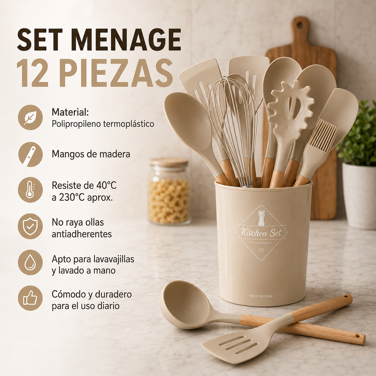 Set de Utensilios de Cocina 12 Piezas de Polipropileno con Mango de Madera