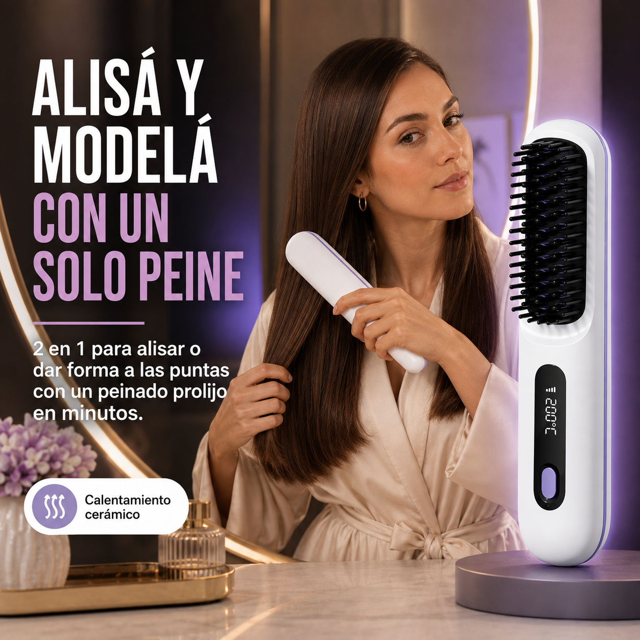 Cepillo Alisador Inalámbrico 2 en 1 – 4 Temperaturas