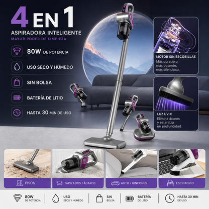 Aspiradora Inalámbrica 4 en 1 con Mopa y Luz UV