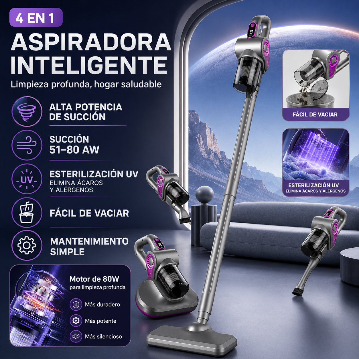 Aspiradora Inalámbrica 4 en 1 con Mopa y Luz UV