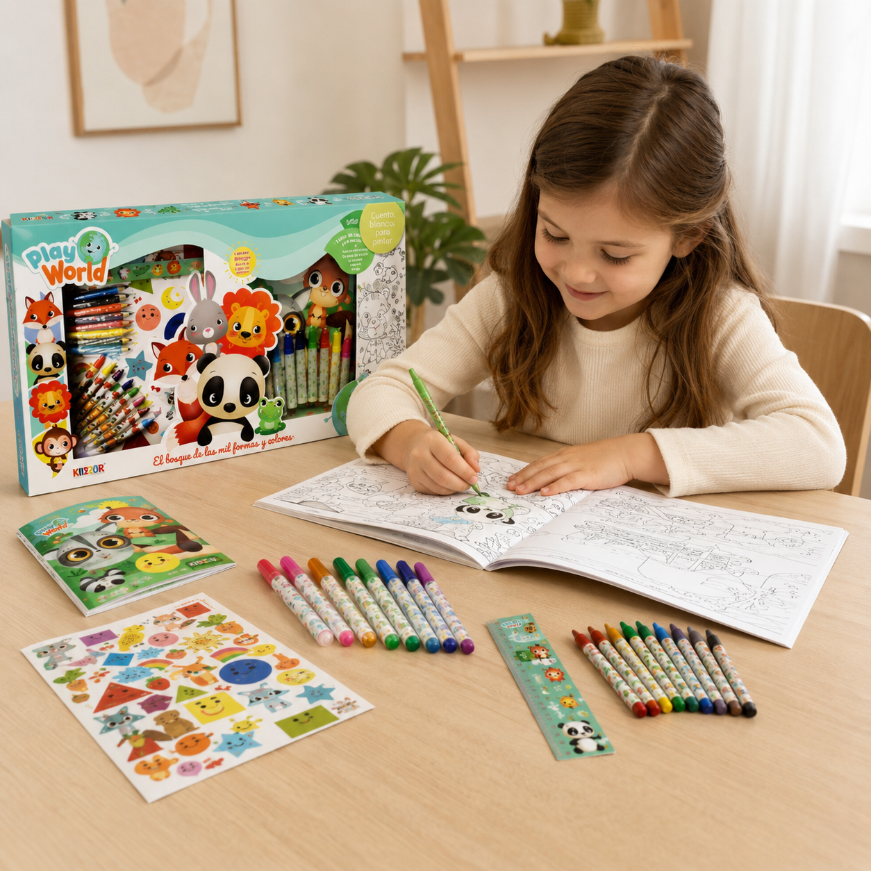 Set de Arte Infantil Play World – Cuento Bilingüe para Pintar con Fibras, Crayones y Stickers